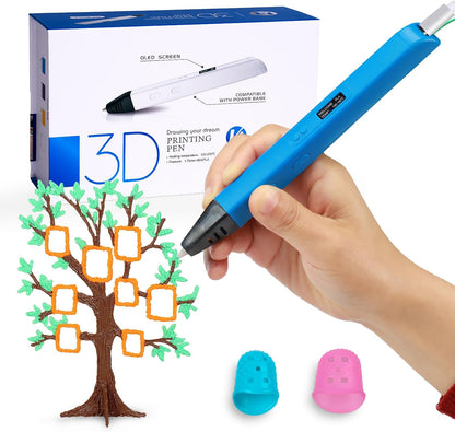 Professional 3D Pen for Kids and Adults | 3D Printing Pen with OLED Display as Gift | 3D Drawing Pen with Finger Protector, Pen Hold, 1.75mm PLA Filament, Stencil Bool, Charger | Stylo 3D Blue