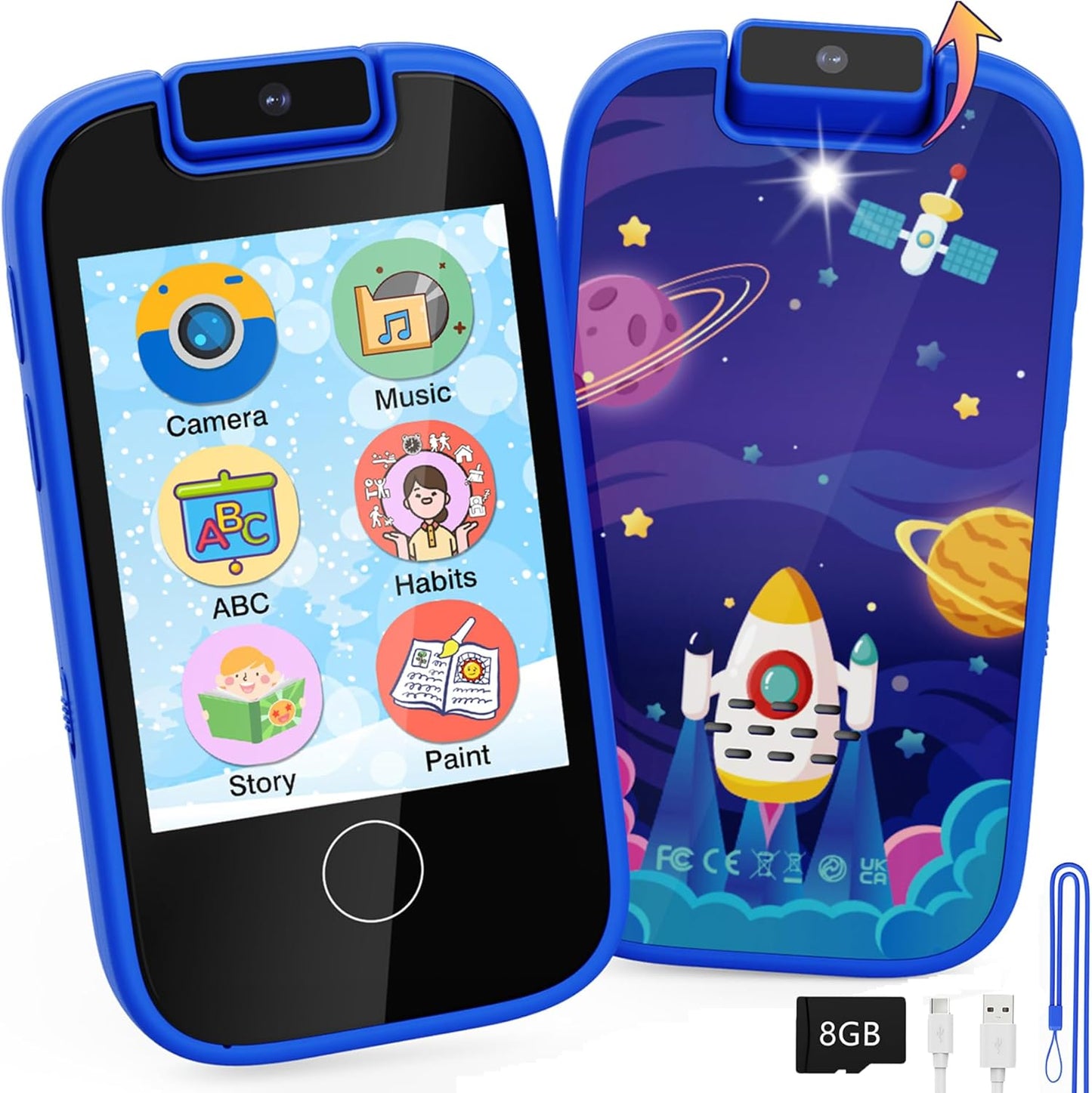 Kids Smart Phone Toy for Boys 3-12 Years Old - Educational games, Dual cameras, MP3 Music Player, touchscreen pretend play. Spark imagination and early learning toy - Space Blue