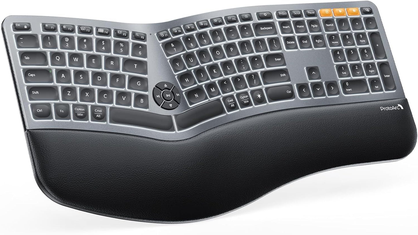 EK01 Plus Wireless Ergonomic Keyboard with Backlight, Split Design, Wrist Rest, USB-C Rechargeable, Multi-Device Bluetooth & USB