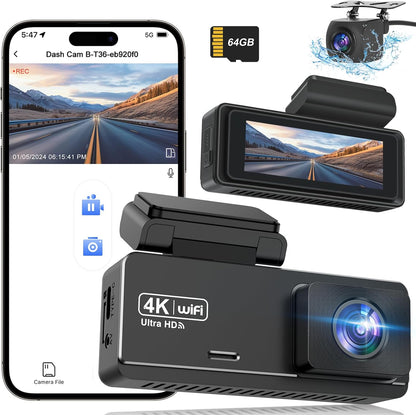 4K Front and Rear Dash Cam with WiFi & 64GB Card, 4K+1080P Car Camera, App-Controlled DashCam with 2.99" Screen, 24-Hour Parking Monitor & G-Sensor