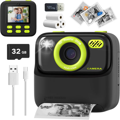 Kids Instant Print Camera, Digital Photo & HD Video, Fun Gift for Girls Boys 3-12 (Black)