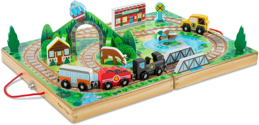 Melissa & Doug Take-Along Wooden Train Set with Foldable Carry Case, 17 Pieces