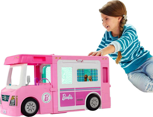 Barbie 3-in-1 DreamCamper Vehicle, approx. 3-ft, Transforming Camper with Pool, Truck, Boat and 60 Accessories, Great Toy for 3 to 7 Year Olds