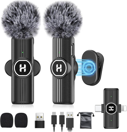 ULTRENDS Wireless Lavalier Microphone 2-Pack with AI Noise Cancelling for iPhone & Android