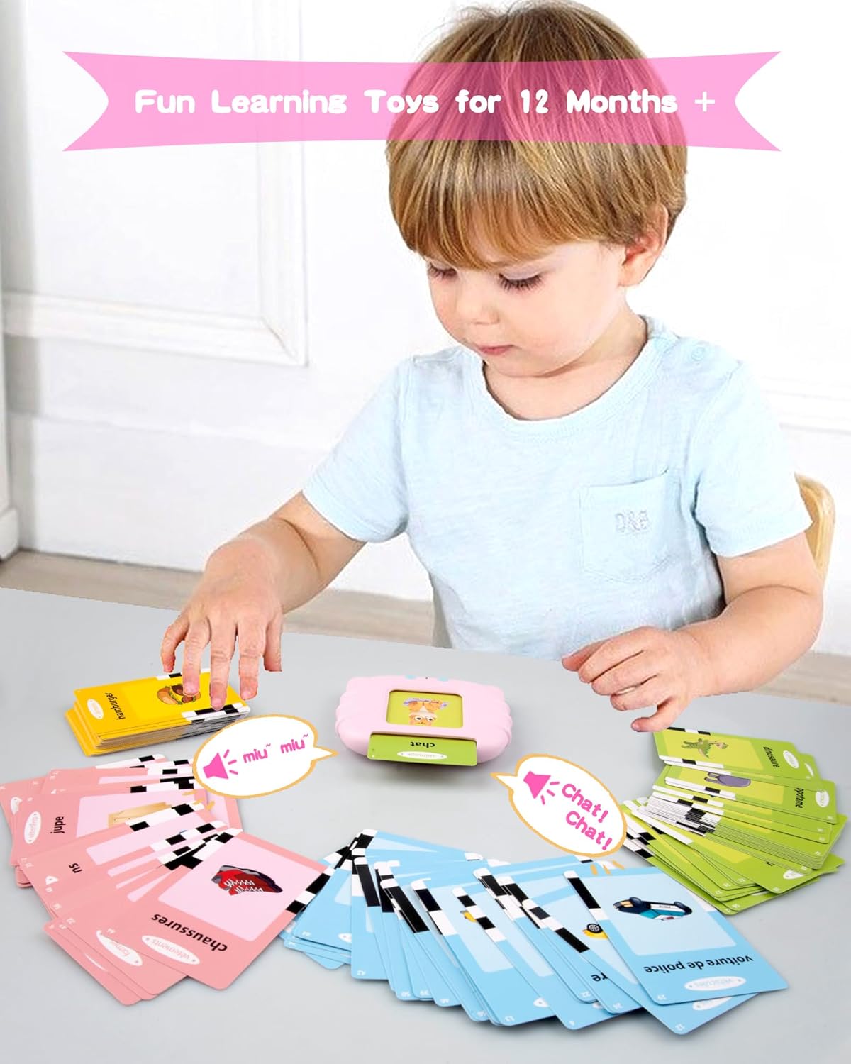 French Talking Flash Cards for Kids, Toddlers Ages 2-6, ABC/Numbers/Colors/Shapes Starter Set, 112 Cards with 224 Sight Words – Perfect Christmas and Birthday Gifts (Pink).