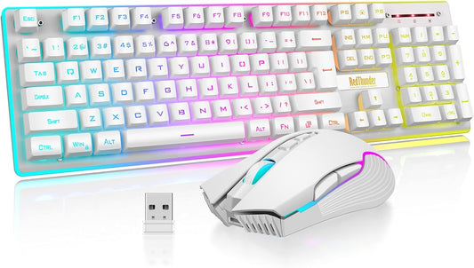 K10 Wireless Gaming Keyboard and Mouse Combo – LED Backlit, Rechargeable 3800mAh, Anti-Ghosting Keyboard + 7D 3200DPI Mouse for PC Gaming (White)