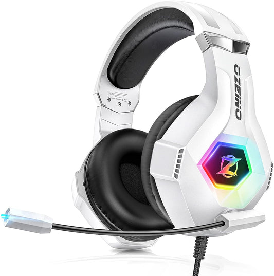 Ultimate Gaming Headset for PC, PS4, PS5 - Stereo Sound, Noise Cancelling Mic, Soft Memory Earmuffs, LED Lights - Compatible with Xbox Series X/S, Switch, Laptop, Mac-WHITE