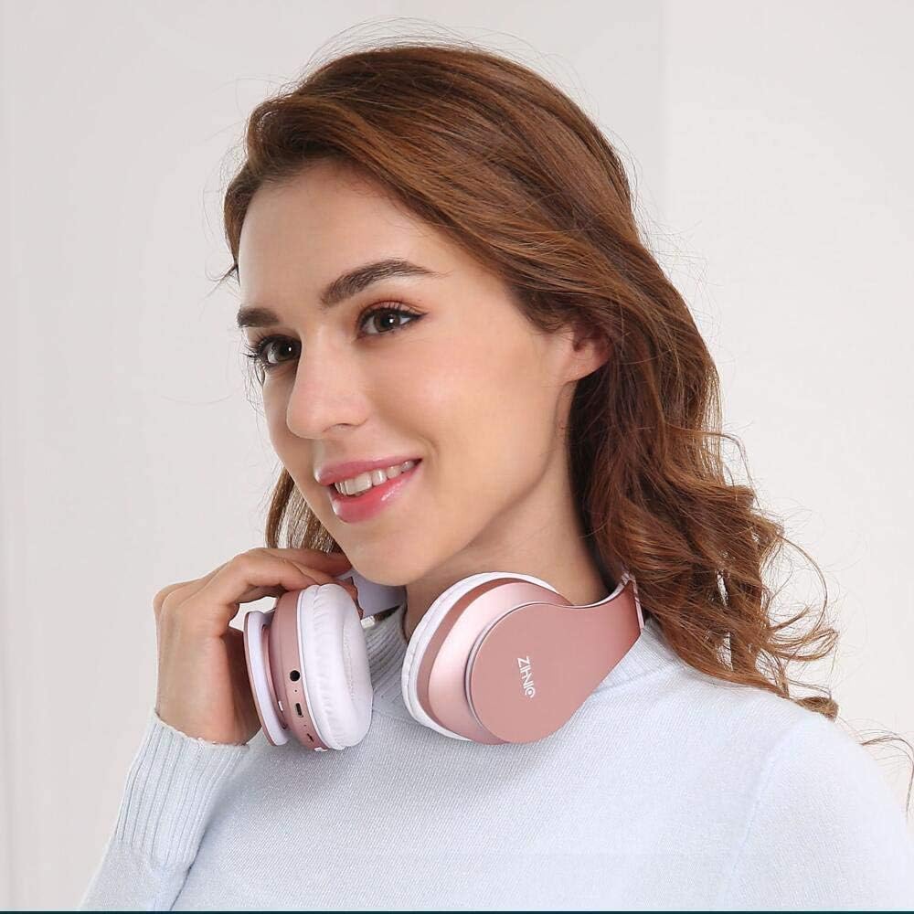 ZIHNIC Foldable Bluetooth Over-Ear Headphones: Wireless & Wired Stereo Headset with Micro SD/TF, FM - Ultra-Soft Earmuffs, Lightweight, Perfect for All-Day Wear (ROSE GOLD)