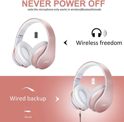 ZIHNIC Foldable Bluetooth Over-Ear Headphones: Wireless & Wired Stereo Headset with Micro SD/TF, FM - Ultra-Soft Earmuffs, Lightweight, Perfect for All-Day Wear (ROSE GOLD)