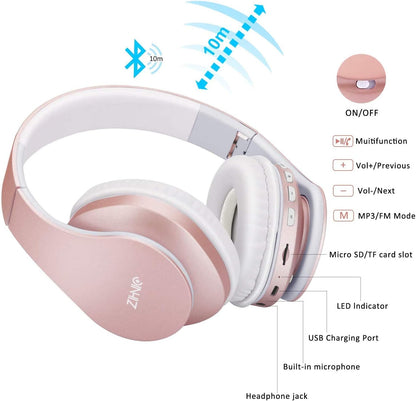 ZIHNIC Foldable Bluetooth Over-Ear Headphones: Wireless & Wired Stereo Headset with Micro SD/TF, FM - Ultra-Soft Earmuffs, Lightweight, Perfect for All-Day Wear (ROSE GOLD)