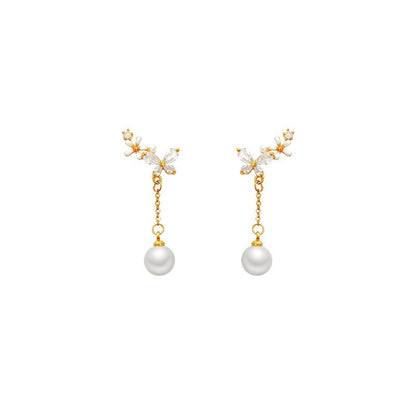 Butterfly flowers, pearl tassels, niche temperament, high-end feeling, light luxury earrings and earrings