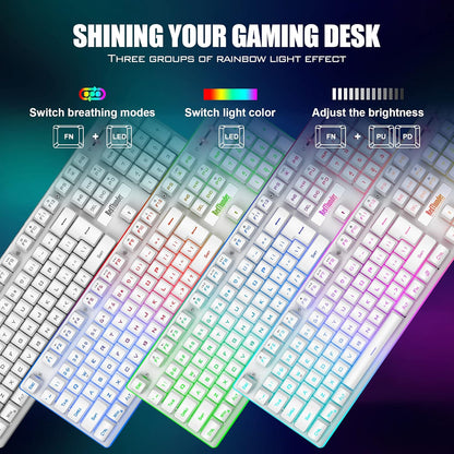 K10 Wireless Gaming Keyboard and Mouse Combo – LED Backlit, Rechargeable 3800mAh, Anti-Ghosting Keyboard + 7D 3200DPI Mouse for PC Gaming (White)