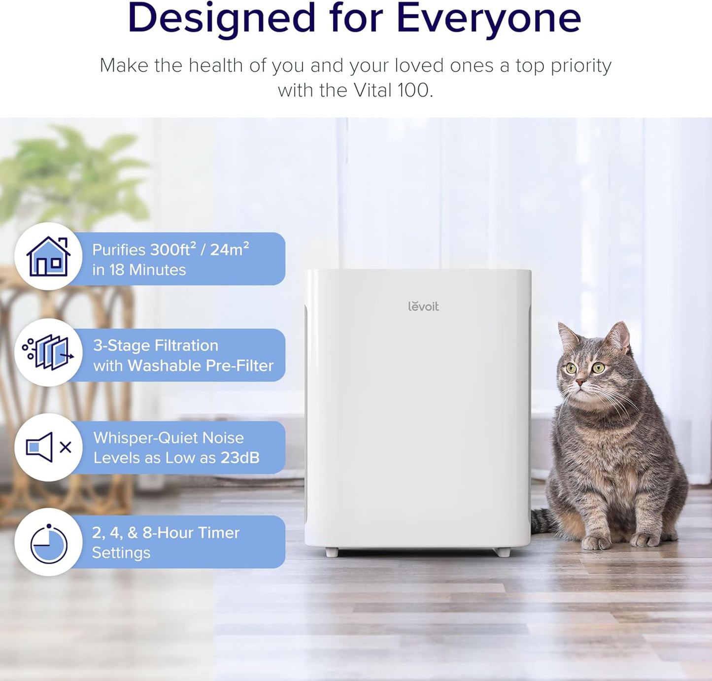 Levoit Vital 100 Air Purifier for Large Rooms – 3-Stage Filtration, Washable Pre-Filter, HEPA & Carbon Filter for Allergies, Smoke & Pet Hair