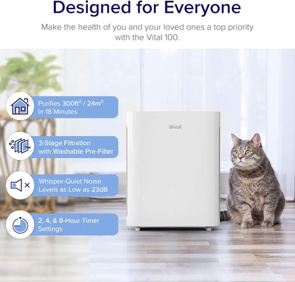 Levoit Vital 100 Air Purifier for Large Rooms – 3-Stage Filtration, Washable Pre-Filter, HEPA & Carbon Filter for Allergies, Smoke & Pet Hair
