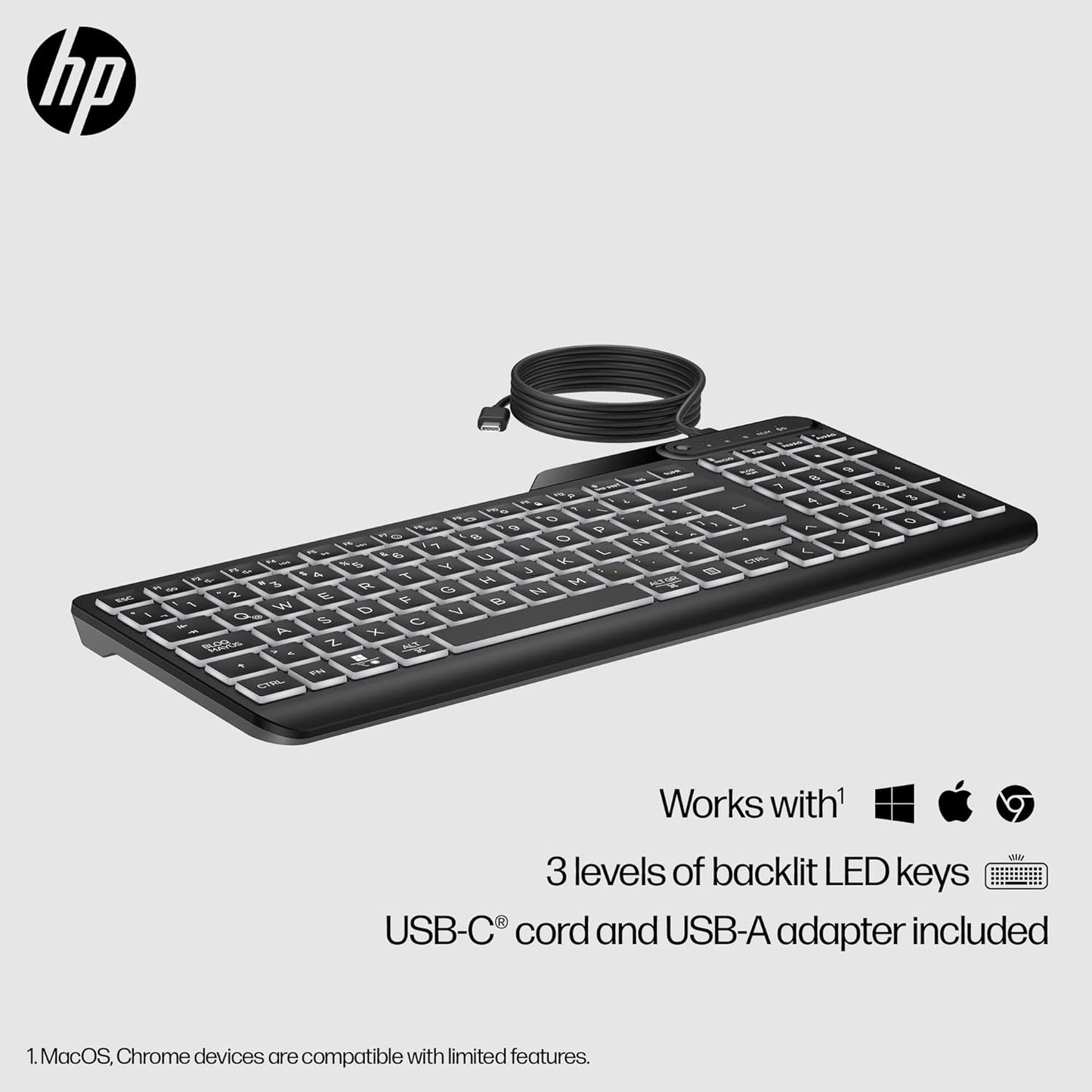 HP 400 Backlit Wired Keyboard – Warm White LED, Slim, Spill-Resistant