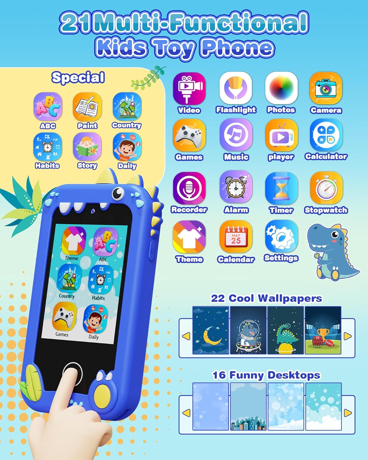 Kids Smart Phone Toy with Dual Cameras, Educational Games & MP3 Player – Blue Dinosaur