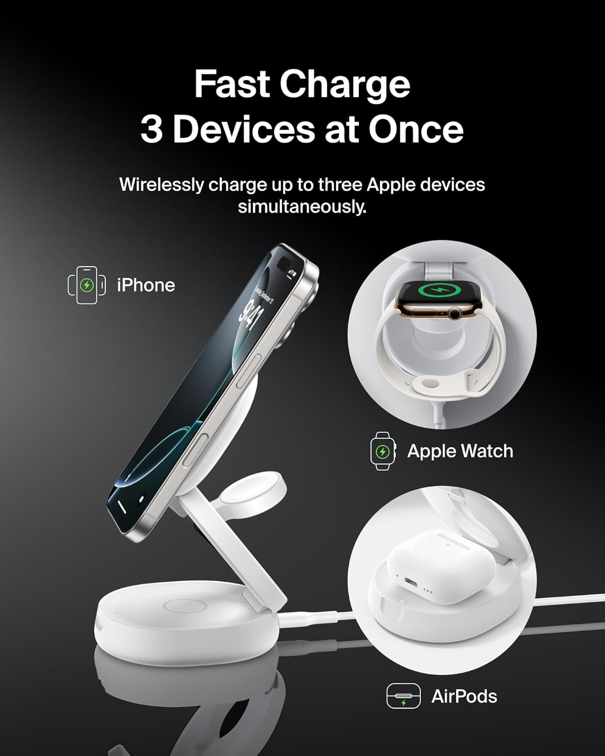 Belkin MagSafe Charger Compatible, 3-in-1 Qi2 Wireless Charging Station 15W, Convertible Wireless Charger