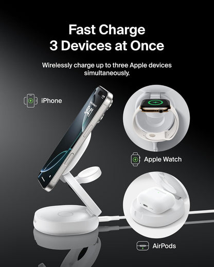 Belkin MagSafe Charger Compatible, 3-in-1 Qi2 Wireless Charging Station 15W, Convertible Wireless Charger