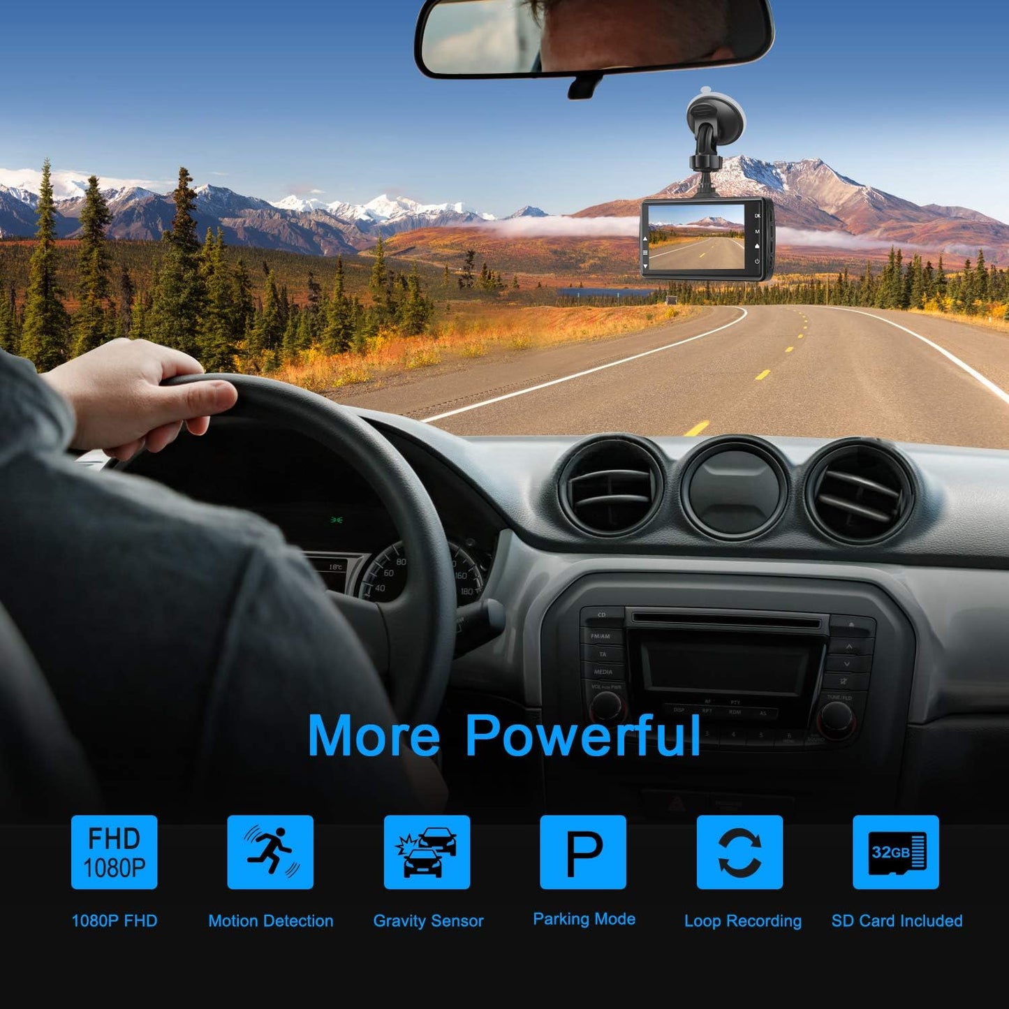 1080P FHD Dash Cam Front with 3" IPS Screen, 170° Wide Angle, G-Sensor, Parking Monitor, Loop Recording, Motion Detection, 32GB SD Card