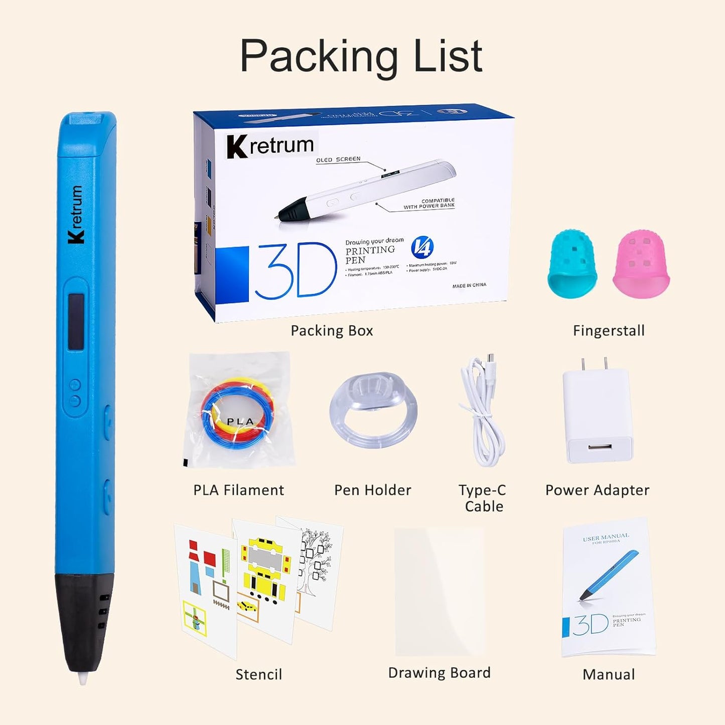 Professional 3D Pen for Kids and Adults | 3D Printing Pen with OLED Display as Gift | 3D Drawing Pen with Finger Protector, Pen Hold, 1.75mm PLA Filament, Stencil Bool, Charger | Stylo 3D Blue