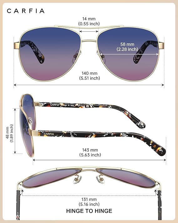 CARFIA Polarized Womens Sunglasses UV Protection Classic Pilot Sun Glasses Nickel-free Safety Metal Frame CA3216 Two Tone Lens