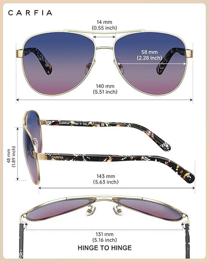 CARFIA Polarized Womens Sunglasses UV Protection Classic Pilot Sun Glasses Nickel-free Safety Metal Frame CA3216 Two Tone Lens