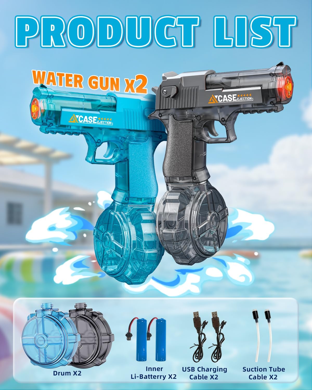 2-Pack Electric Water Guns with LED Lights & Rechargeable Batteries