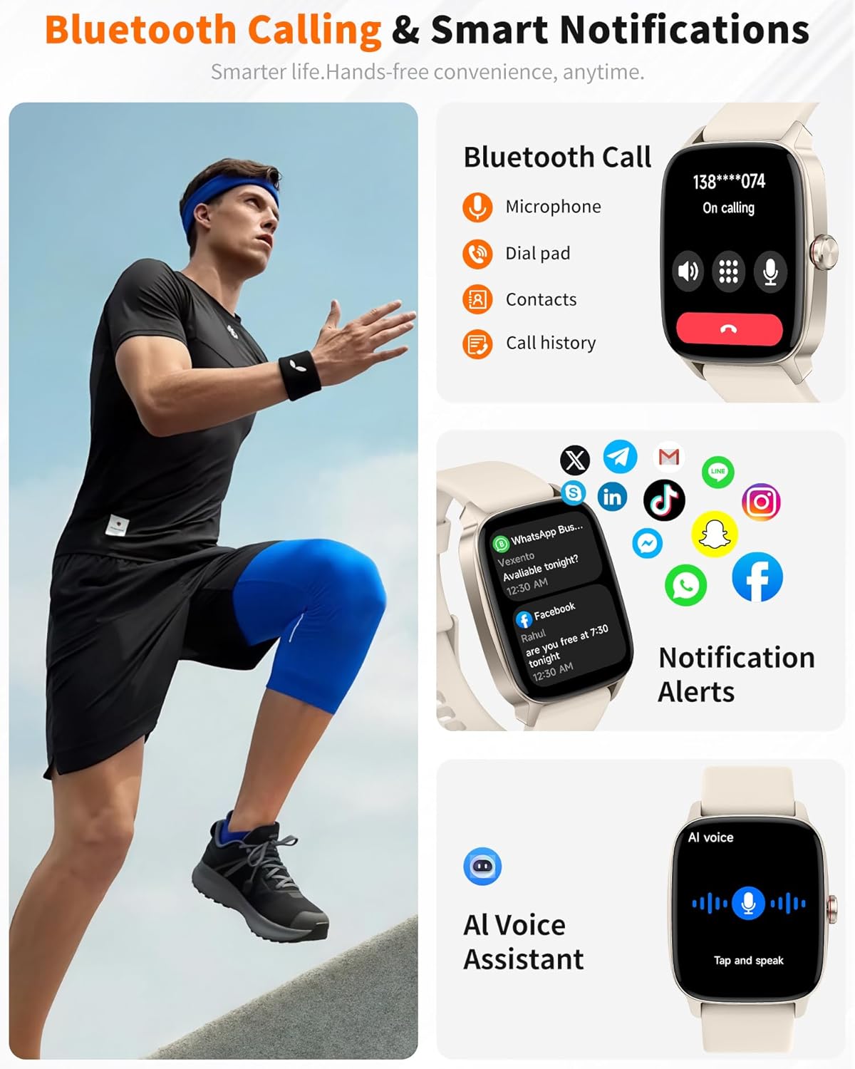 1.85" HD Fitness Tracker with Bluetooth Calling, Compatible with iOS & Android (Starlight White)
