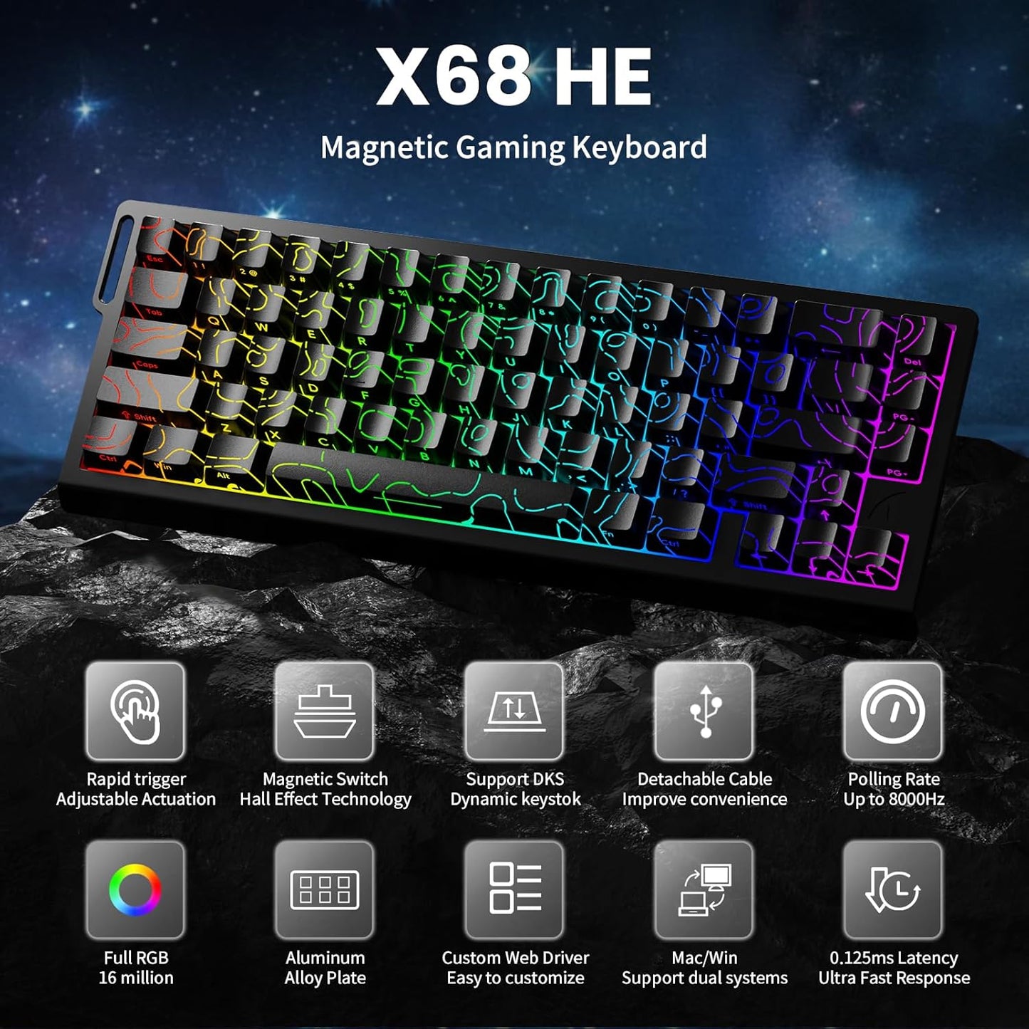 X68 HE 8000Hz Rapid Trigger Magnetic Gaming Keyboard – 0.01mm RT, RGB, 60% - Black Contours