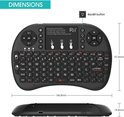 Rii i8+ Mini Wireless Touch Keyboard with Touchpad & LED Backlight – 2.4GHz Compact Keyboard Remote for Smart TV, Android TV Box, Windows, Mac, Raspberry Pi