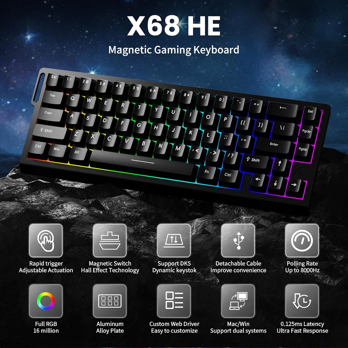 X68 HE 8000Hz Rapid Trigger Magnetic Gaming Keyboard – 0.01mm RT, RGB, 60% - Black