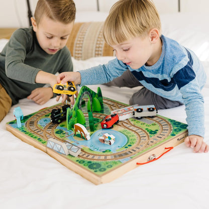 Melissa & Doug Take-Along Wooden Train Set with Foldable Carry Case, 17 Pieces
