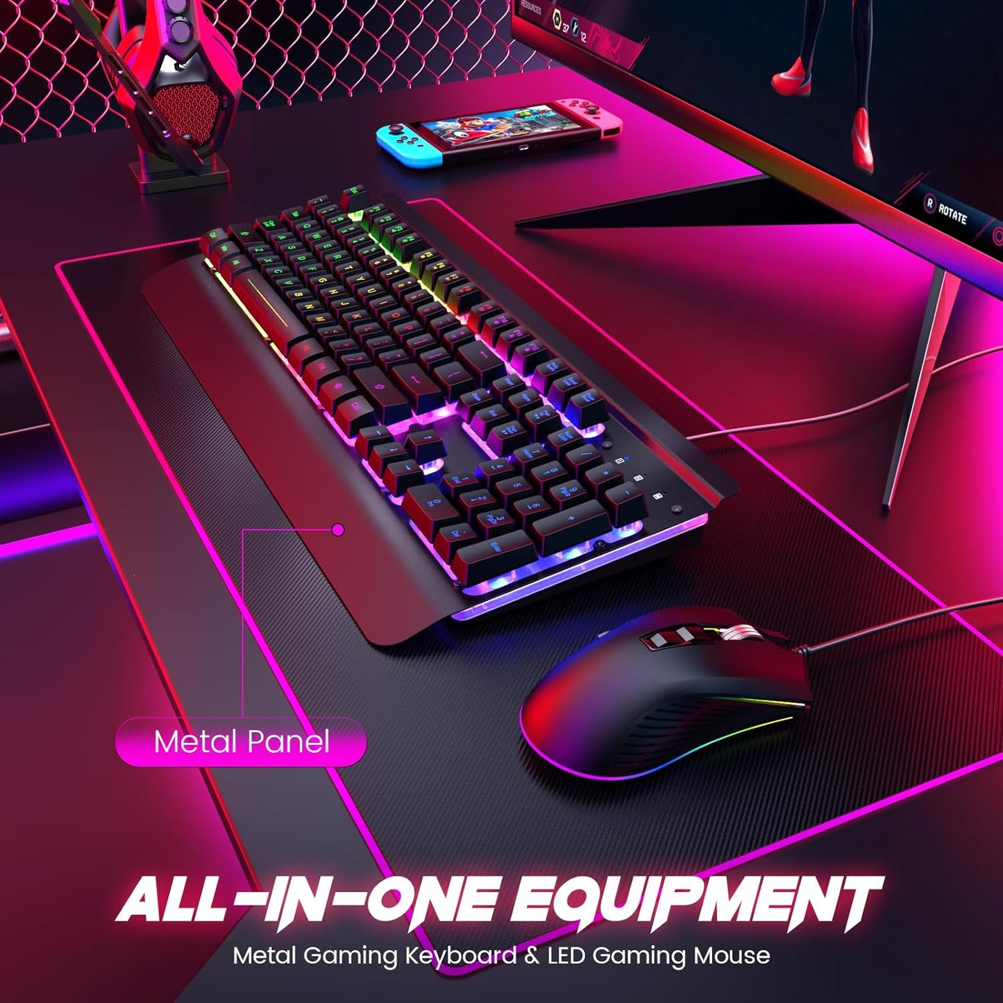 Gaming Keyboard and Mouse Combo, 104 Keys All-Metal Panel Light Up Silent Computer Keyboard, Wrist Rest, LED Backlit 4200 DPI Gaming Mouse, Wired Keyboard Mouse Set for PC MAC Xbox Gamer