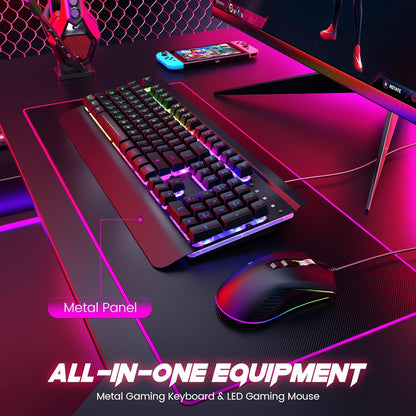 Gaming Keyboard and Mouse Combo, 104 Keys All-Metal Panel Light Up Silent Computer Keyboard, Wrist Rest, LED Backlit 4200 DPI Gaming Mouse, Wired Keyboard Mouse Set for PC MAC Xbox Gamer