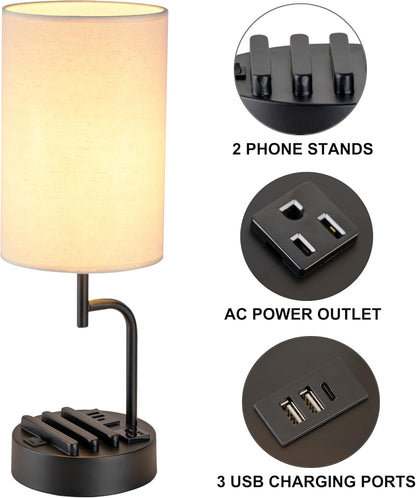 Bedside Table Lamp Set (2-Pack) with USB Ports & AC Outlet