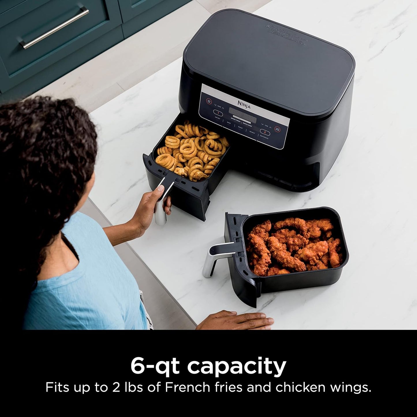 Ninja Foodi DZ090C 6-Qt Dual Basket Air Fryer with DualZone Technology, 5-in-1 Air Fry, Bake, Roast, Reheat & Dehydrate, Black