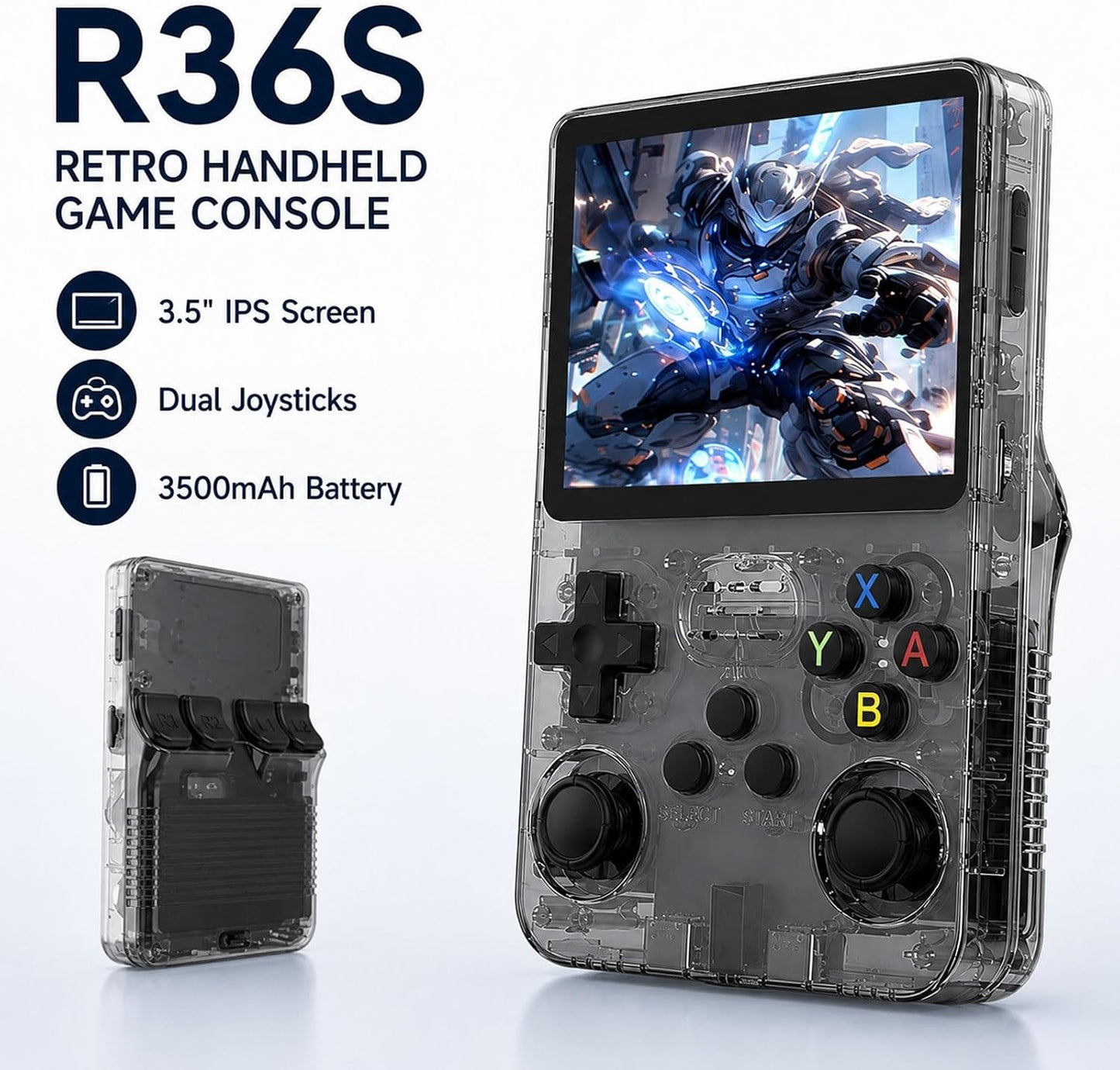 R36S Retro Handheld Game Console with 3.5" IPS Screen, 15+ Emulators & 3500mAh Battery – Smoke Gray