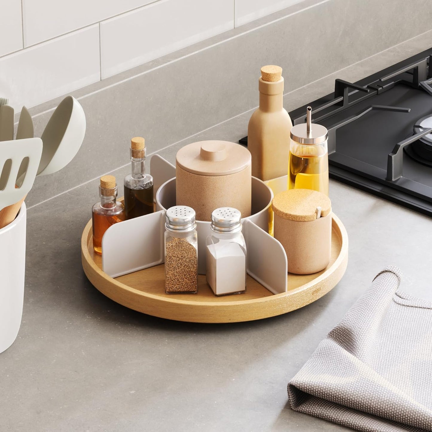 Umbra Bellwood Lazy Susan Divided Tray Organizer for Pantry Spices and More, Natural/White