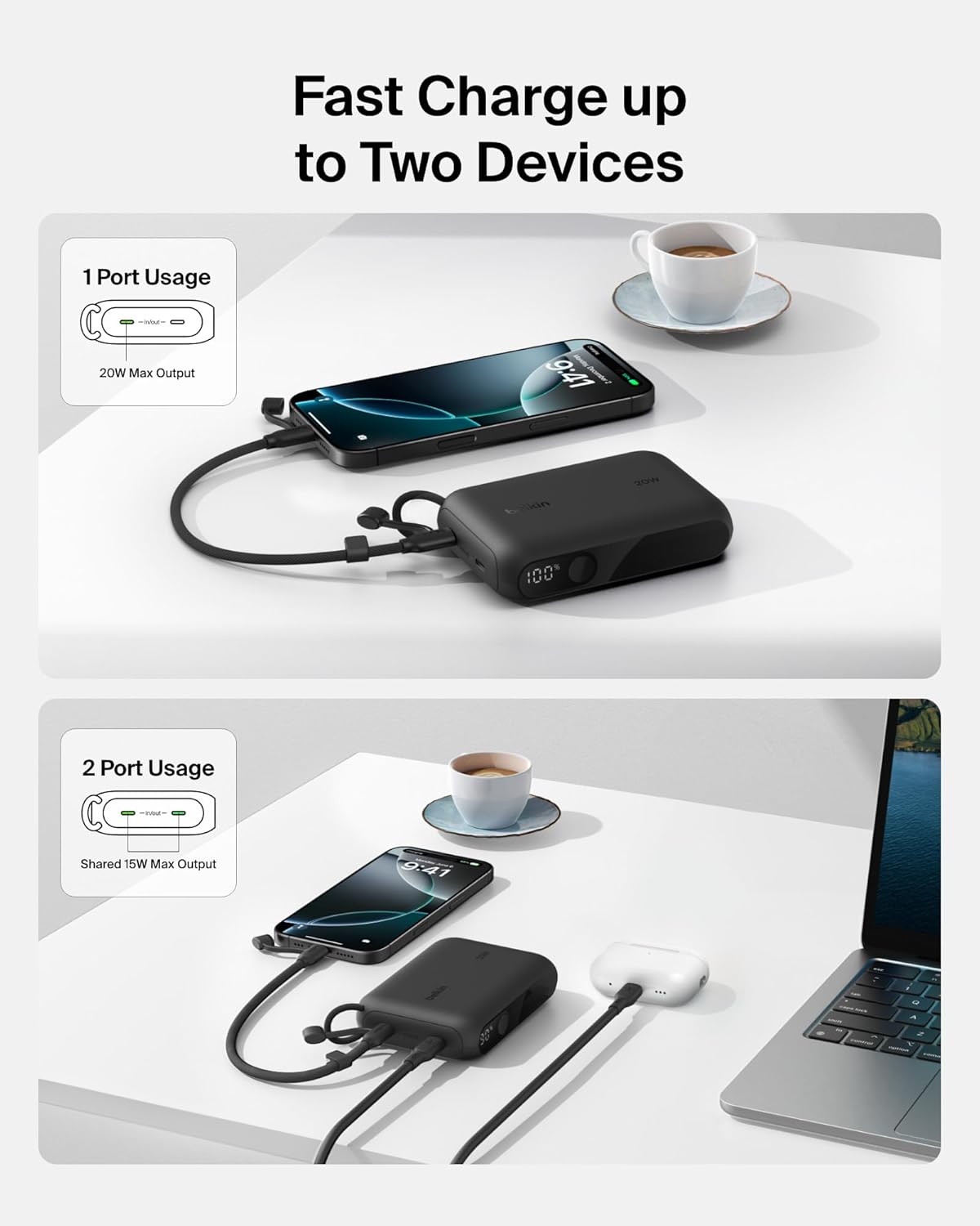 Belkin Slim USB-C Power Bank 10,000mAh – 20W Fast Charging, Dual USB-C, Digital Display