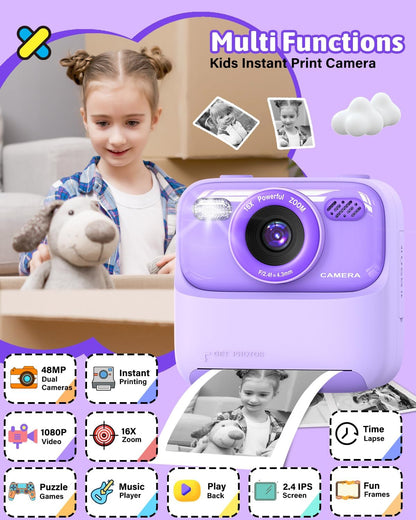 Kids Instant Print Camera, Digital Photo & HD Video, Fun Gift for Girls Boys 3-12 (Purple)
