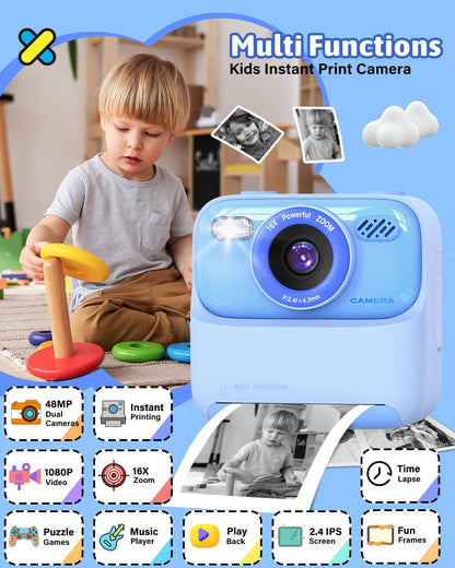 Kids Instant Print Camera, Digital Photo & HD Video, Fun Gift for Girls Boys 3-12 (Blue)