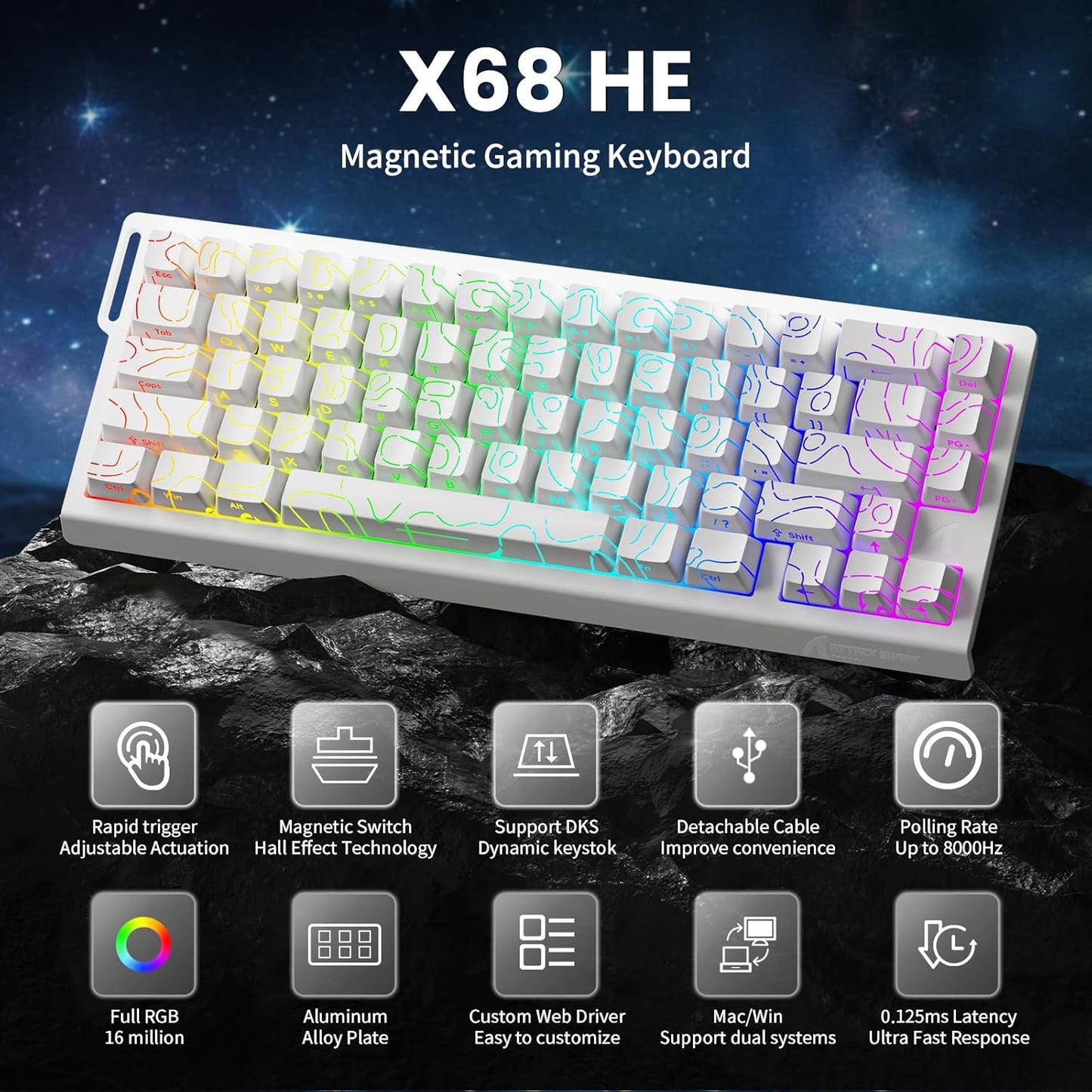 X68 HE 8000Hz Rapid Trigger Magnetic Gaming Keyboard – 0.01mm RT, RGB, 60% - White Contours