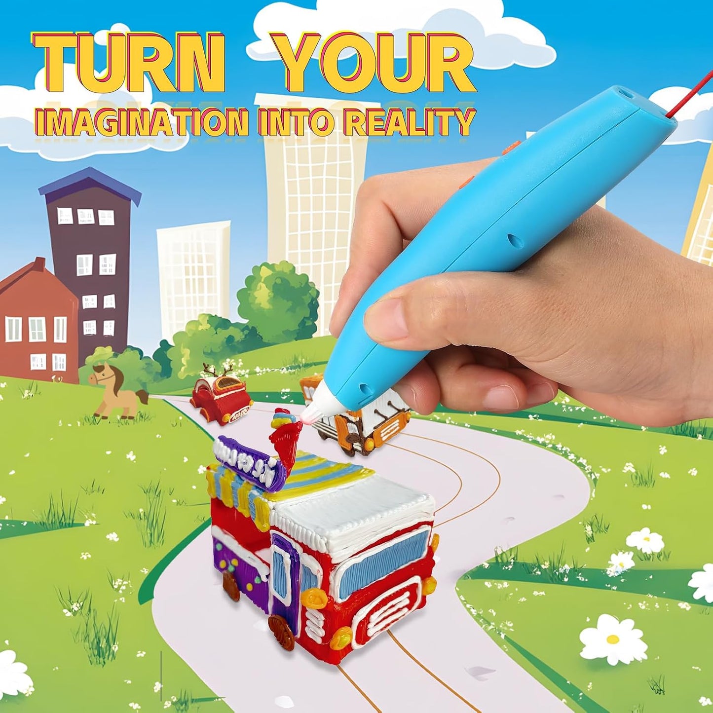 Low Temperature 3D Printing Pen Kit with Cute Shape Wireless 3D Pen, 17 Color 1.75mm PCL Filament, Car Stencil and Fun Small Car Toy Base Crayon 3D Stylo 3D (Blue)