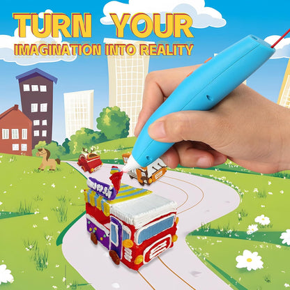 Low Temperature 3D Printing Pen Kit with Cute Shape Wireless 3D Pen, 17 Color 1.75mm PCL Filament, Car Stencil and Fun Small Car Toy Base Crayon 3D Stylo 3D (Blue)