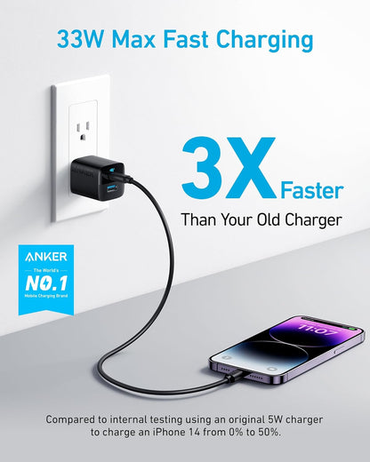 Anker USB C Charger Block, 33W 2 Port Compact Charger with Foldable Plug for iPhone 16/15, Galaxy, and More (Cable Not Included)