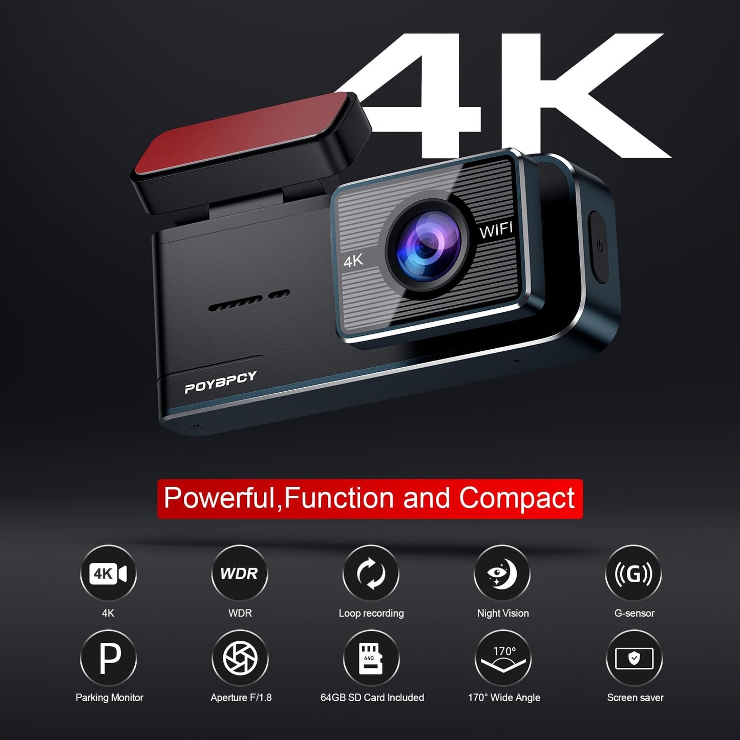 4K Dash Cam with WiFi & 64GB SD Card – Ultra HD 2160P Car Camera with WDR, Night Vision, Parking Mode, G-Sensor, Loop Recording