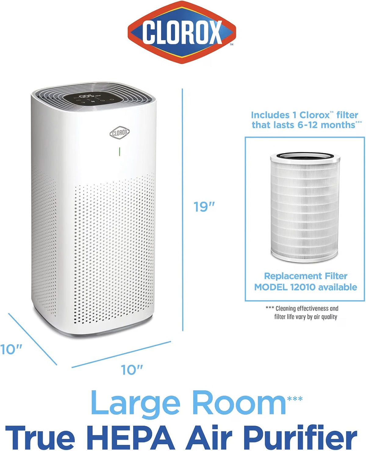 Clorox Large Room Air Purifier with True HEPA Filter, 1,500 Sq. Ft., Auto Mode & Air Quality Sensor