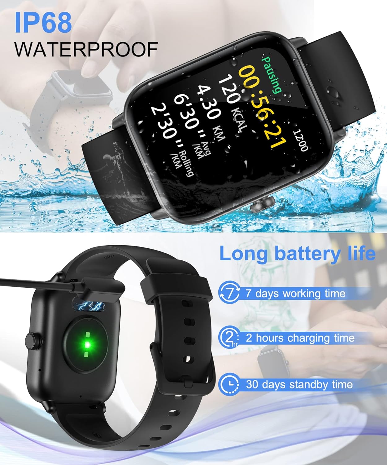 Gleam Up Smart Watch - Fitness Tracker, Heart Rate Monitor, IP68 Waterproof (Black)