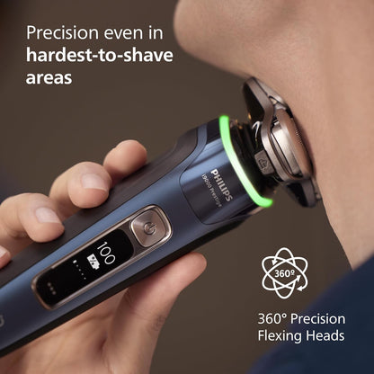Philips i9000 Prestige Electric Shaver, Mystic Blue | SkinIQ Comfort, Wet or Dry Use, 360° Dual SteelPrecision Blades, Quick Clean Pod, Includes Travel Case, XP9201/20