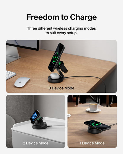 Belkin MagSafe 3-in-1 Qi2 Wireless Charging Station 15W, Convertible Wireless Charger for iPhone 17, Apple Watch, AirPods w/ 36W Adapter - Black